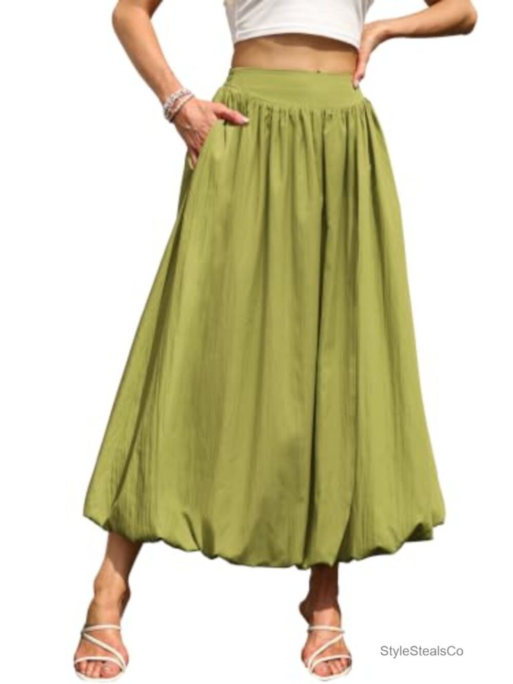 Women's Bubble Maxi Skirt Long A-Line Ankle Length with Pockets